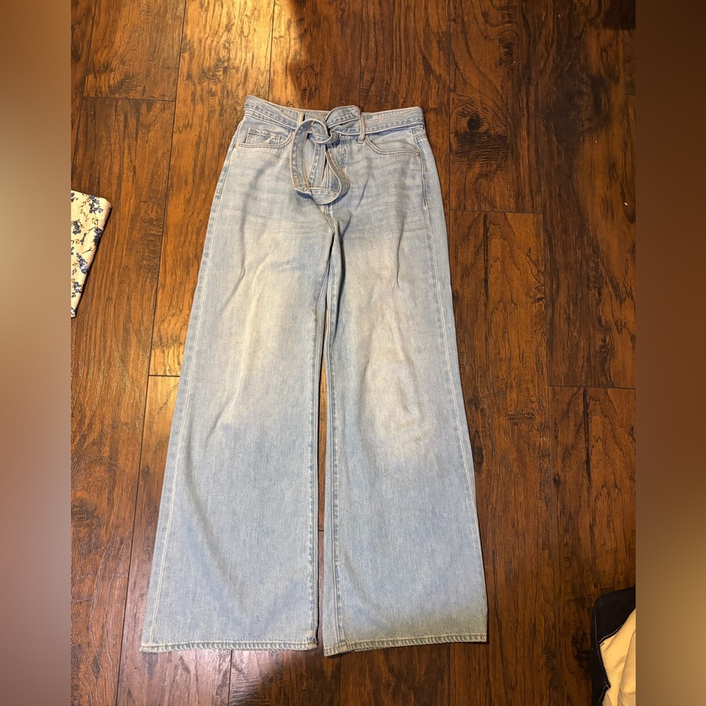 LOFT Light Blue High-Rise Wide Leg Jeans with Waist Tie